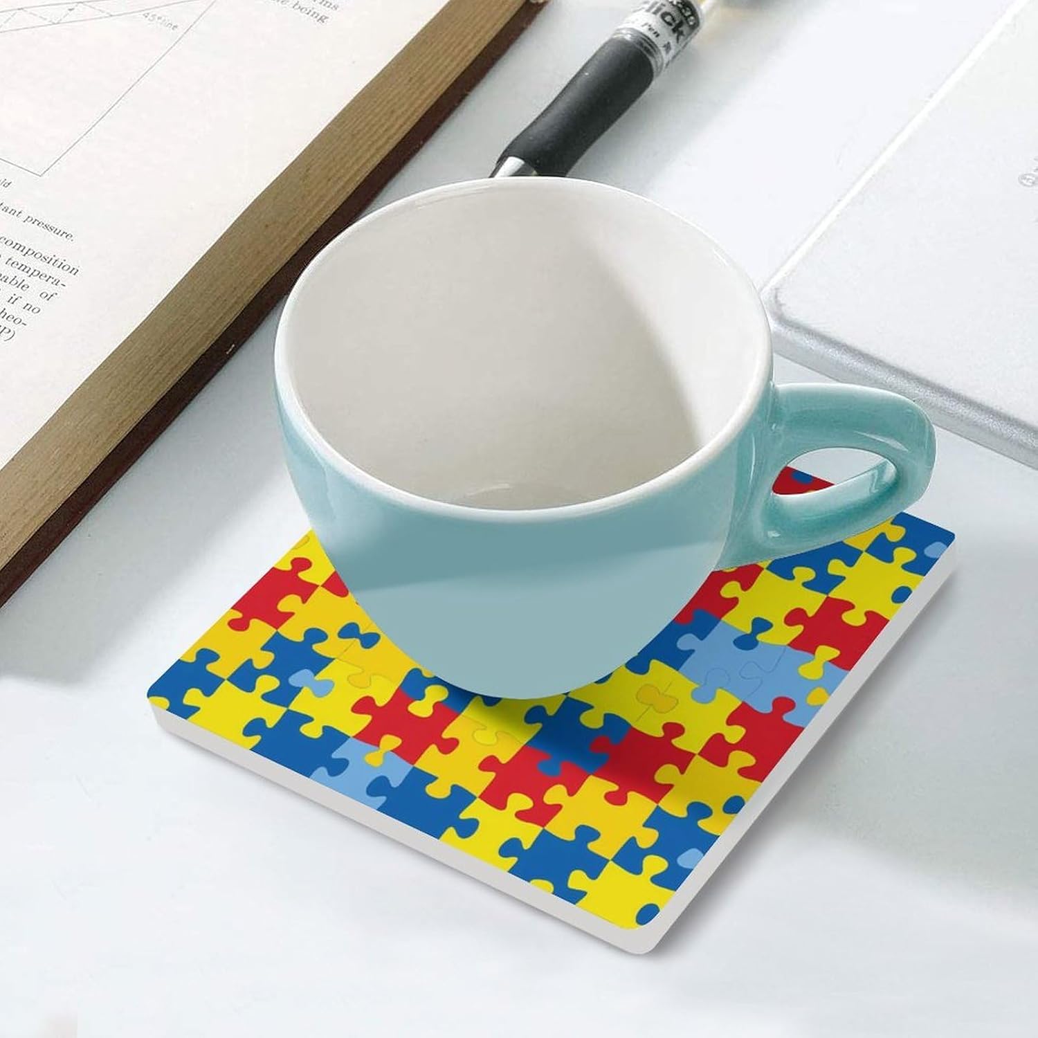 Color Autism Awareness Puzzle Coaster for Drinks Square Ceramic Table Coasters Stone Mat Crafts 4PCS Home Kitchen Decor