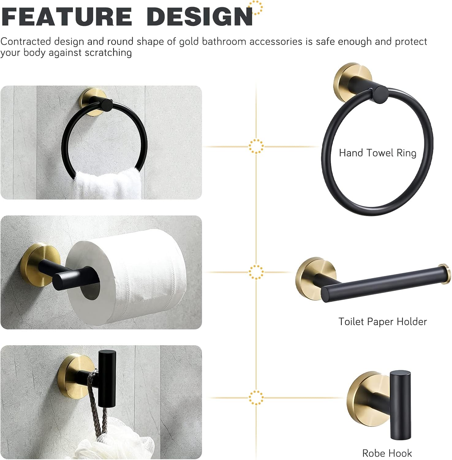Bathroom Hardware Set 4 Piece Black&Gold Wall Mounted Stainless Steel Hardware Towel Bar Set Gold Bathroom Accessories Towel Rack Set Kit Includes Hand Towel Ring, Toilet Paper Holder, 2 Robe Hook