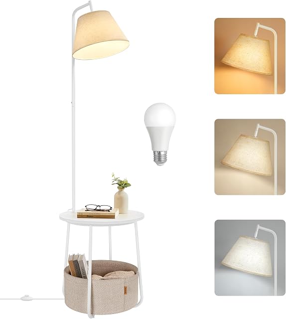 VASAGLE LILEA Collection - Table ronde avec lampe, Table de chevet moderne avec panier en tissu, Tunable LED Ampoule incluse, Ajustable à l'angle, Blanc mat ULFL004WC02