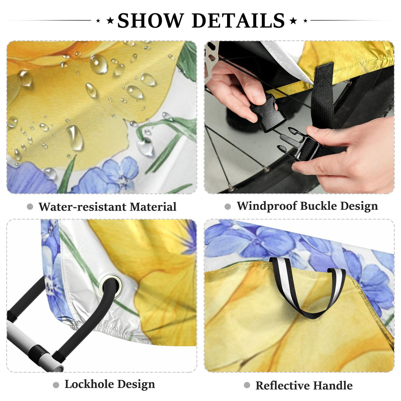 Housses de vélo imperméables avec trous de verrouillage - Pour intérieur et extérieur - Convient à la plupart des accessoires de vélo de montagne - Fleurs d'été jaunes et violettes