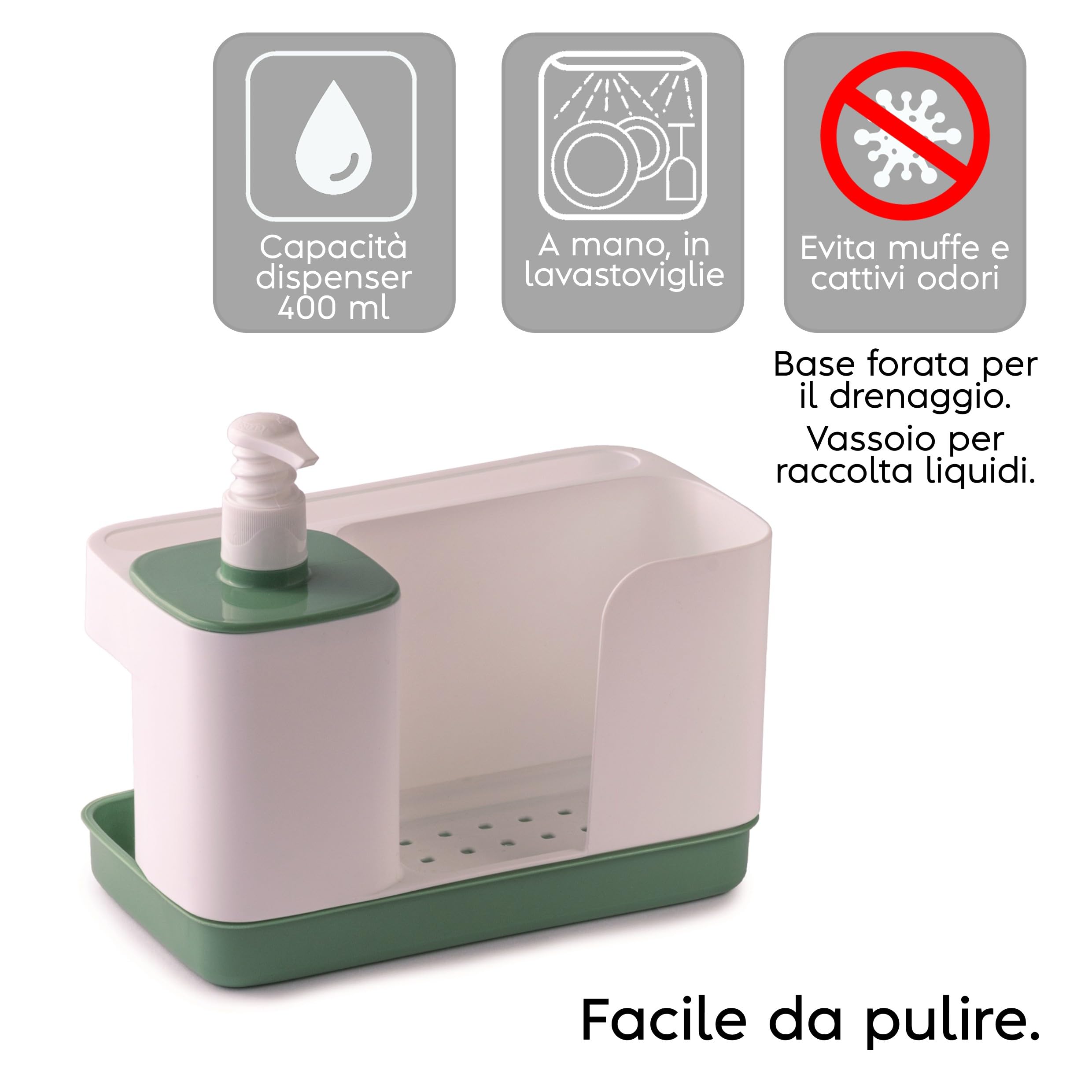 Snips Riordinello Porta Spugne Lavello Cucina 3 in 1, Dispenser Sapone 400 ml con Dosatore, Porta Strofinacci e Organizer Lavello, Accessorio Salvaspazio Cucina, 21 x 12 x 18 cm, Made in Italy