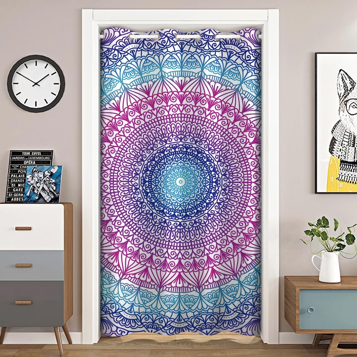 Tenda oscurante per porta, stile mandala, stile bohémien, floreale, in poliestere, tenda oscurante con tasca per bastone, divisorio per la privacy, per soggiorno, camera da letto e balcone