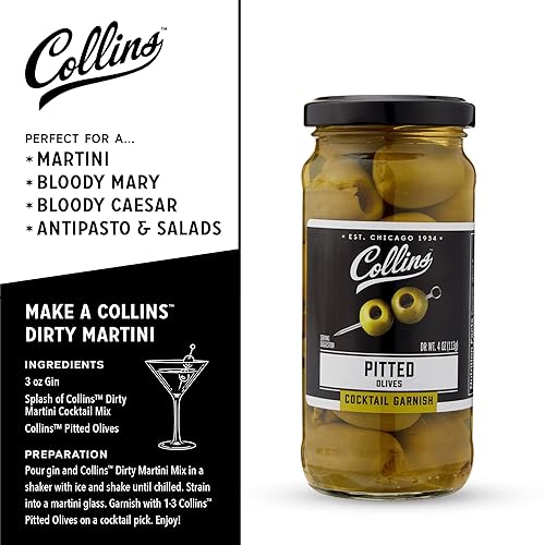Miniatura 3 de Collins Aceitunas sin hueso guarnición popular para cócteles, martinis sucios, ensaladas, bandejas de queso, embutidos, aperitivos, 4 onzas