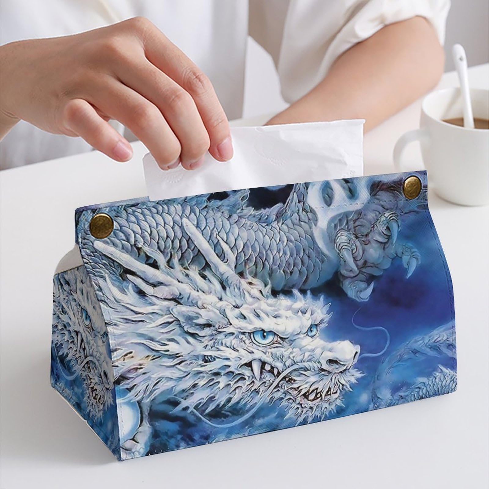 鏡面ガラス製 ティッシュケース 龍モチーフ金属脚 彫金装飾付き アンティーク調 青雲吉祥龍｜宝珠：プラチナ製 純金製・銀製ガラスケース3タイプ