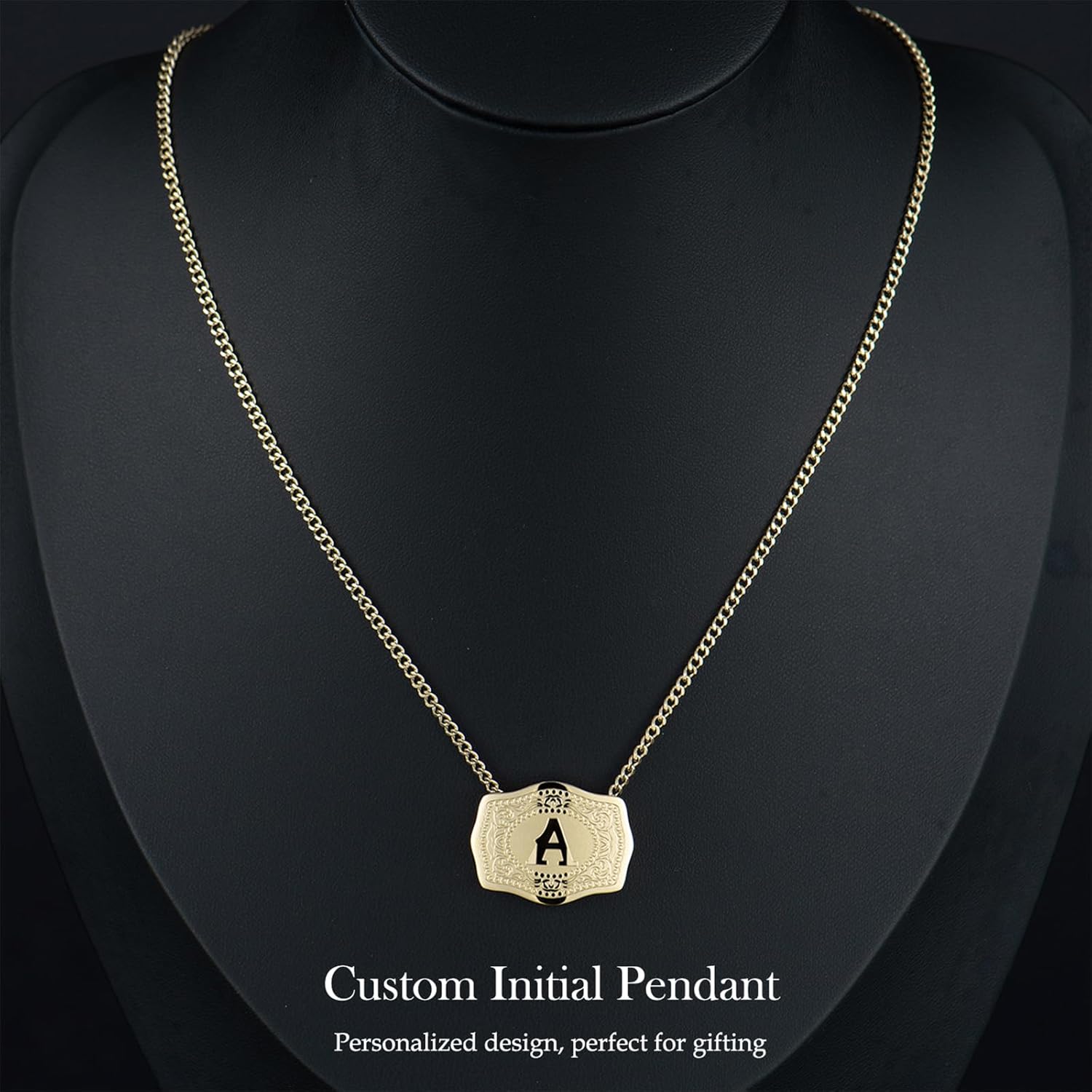14K Gold-Plated Initial Letter Pendant Necklace with Embossed Belt Buckle, Buy 1 Get 2 Chains, Personalized Necklace for Women and Men - Image 6