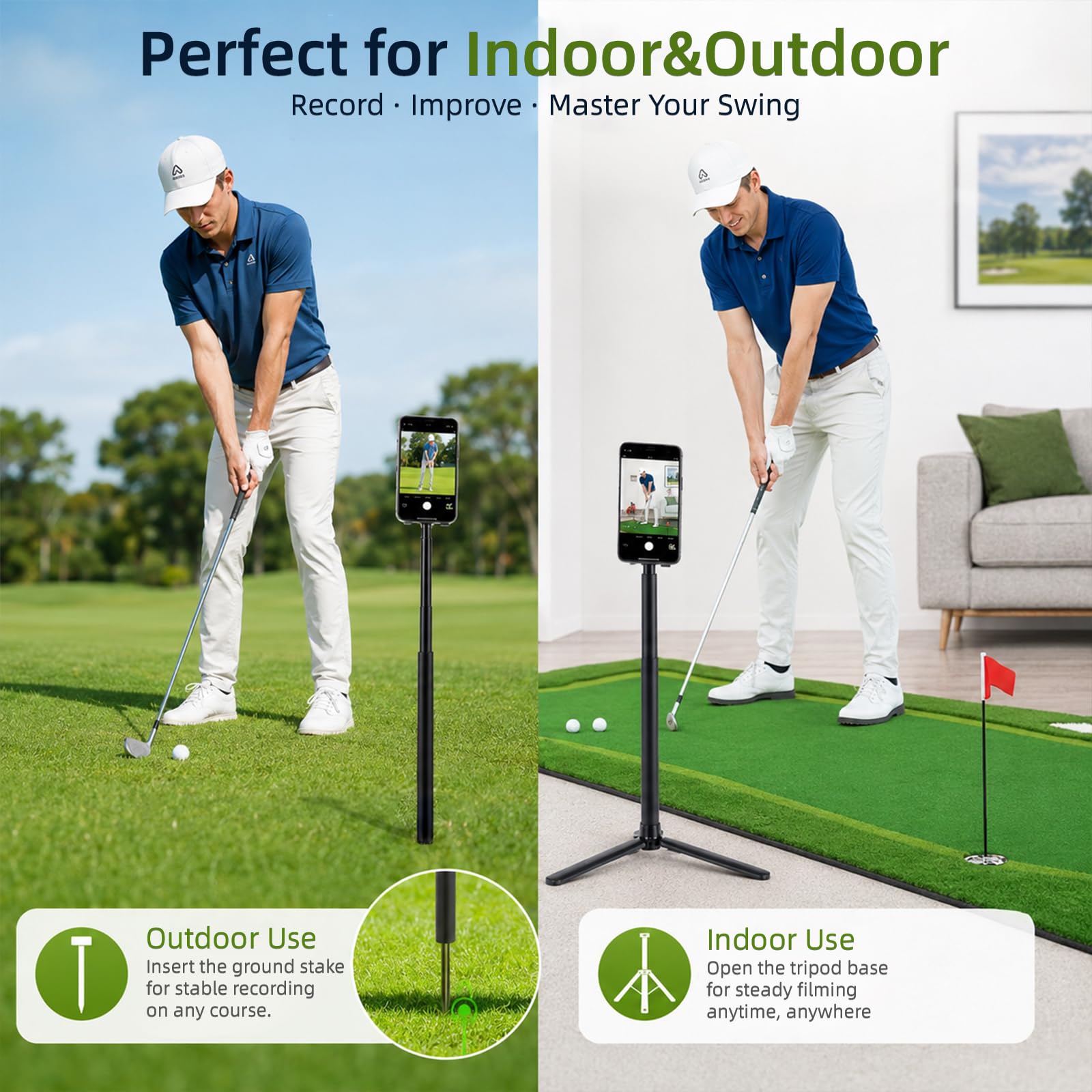 Trípode para teléfono de golf, palo magnético para selfie de 18-54 pulgadas con pincho | Soporte para teléfono móvil de golf, monopié de golf con pincho, soporte ajustable para teléfono de golf