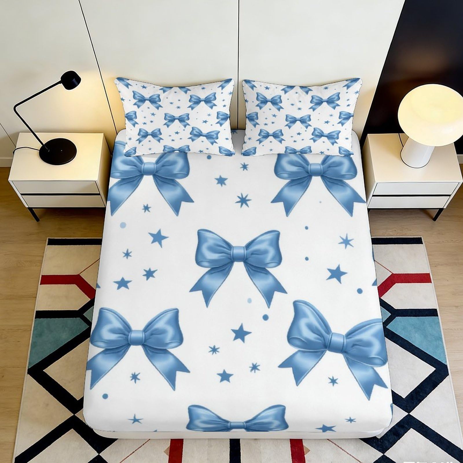 3D Printed Blue Bow Pattern Fitted Sheet Microfiber Soft Breathable Star Design Mattress Cover for Bedroom Dormitory Guest Room Mattress Protection 140x200x25cm