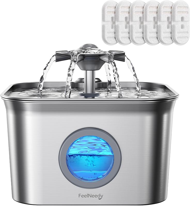 Fonte de água para gatos em aço inoxidável 304 FEELNEEDY com bomba silenciosa e filtro, 2,8 L