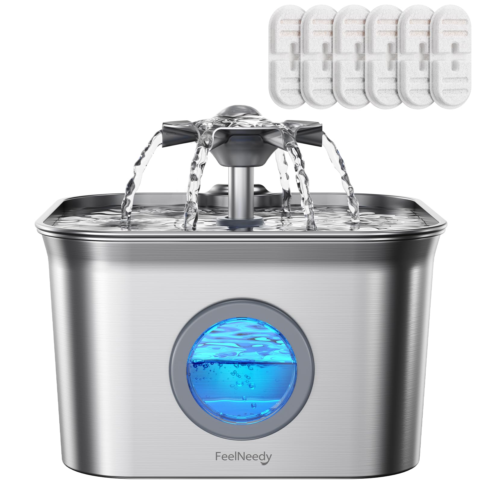 Stainless Steel Cat Water Fountain, 2.8L with 20dB Ultra-Quiet Pump- Ideal for Timid Pets, LED Water Level Window, Dishwasher Safe, 24/7 Circulation- Includes 6 Replacement Filters