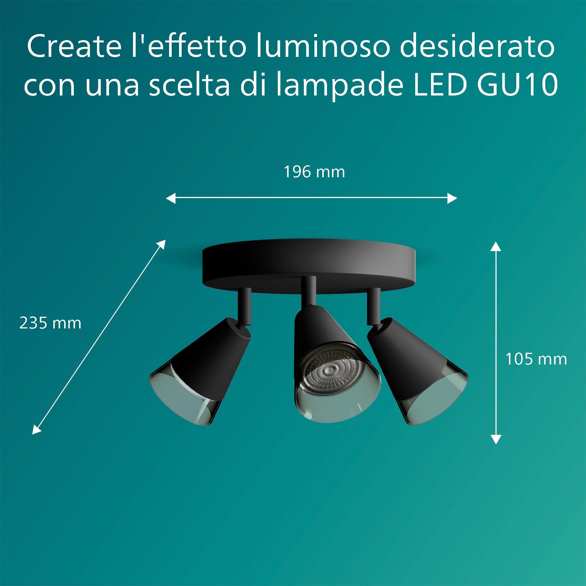 Philips Cleft Spot, 3 faretti, base rotonda, 35W, attacco GU10, lampadina non inclusa, Grado di Protezione IP20, Nero