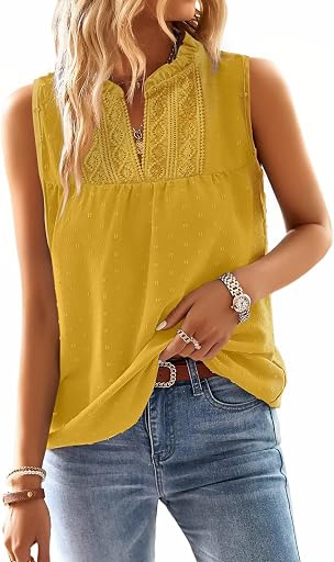 Falechay Womens Summer Tops V Neck Blouses for Women Boho Clothing Dressy Casual Flowy Lace Sleeveless Shirts Tanktops