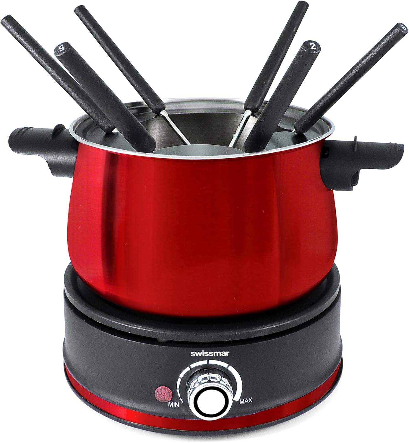 Swissmar Arolla 10 Pieces Stainless Steel Electric Fondue Set - Perfect Fondue Pot Electric Set for Cheese, Chocolate, Oil, Broth & More - Gift Ideas for Wedding, House Warming, Red, 2.1 Qt / 2L