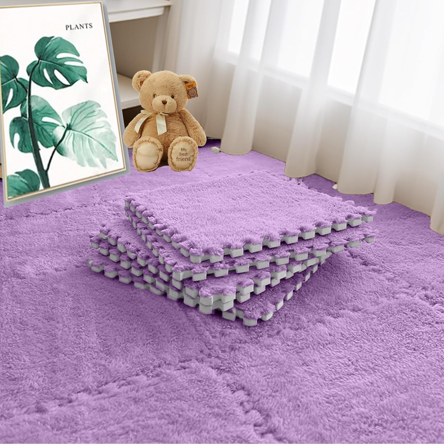 16pcs 0.6" Thickened Interlocking Tile Mats,Fluffy Shaggy Soft EVA Foam Area Rug for Living Room & Bedroom,Non-Slip Protective Floor Carpet Play Mat Kids Baby Dorm Home Decor (11.8ft, Purple)