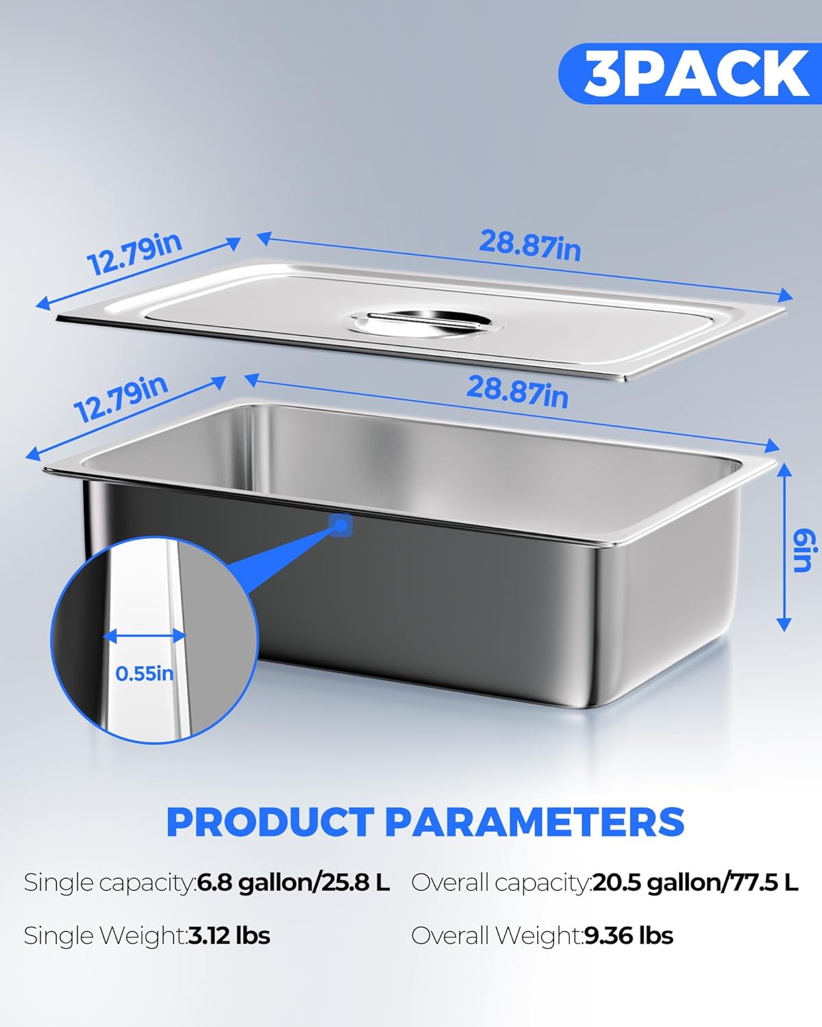 WantJoin Steam Table Hotel Pans with Lid 6 Pack 1/3 Size 6 Inch, 201 Stainless Steel 6" Deep Food Storage Container Set Cover for Chafing Dishes Commercial Buffet Restaurant Kitchen Catering Supplies