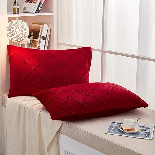 Miniatura 2 de JAUXIO Diamond Pinch Pleated Crystal Velvet Pillowcases 2 Pack Solid Pintuck Throw Cushion Cover for Home Decor Hidden Zipper Closure