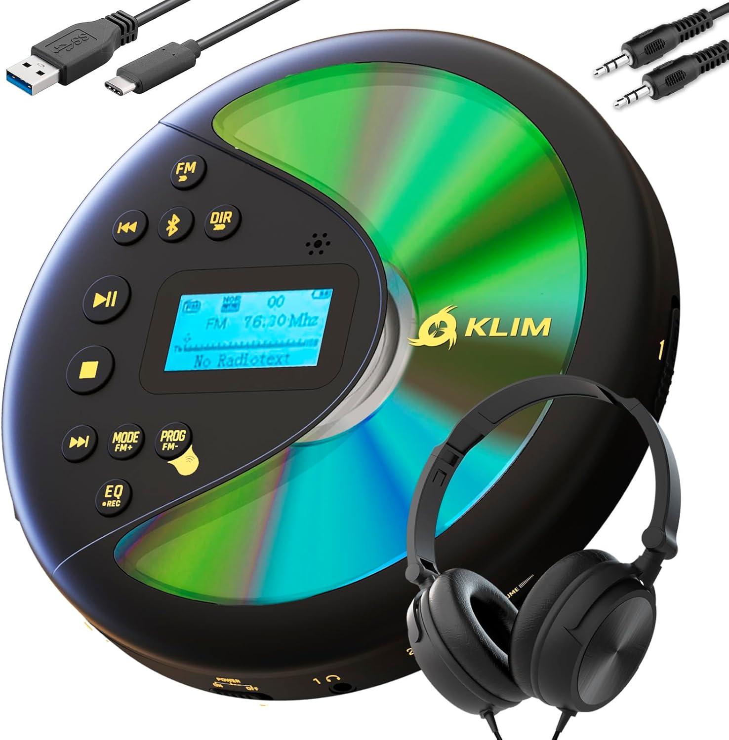 KLIM Discover with Headphones - Portable CD Player with Long-Lasting Battery - New - Radio FM - Compatible MP3 CD Player Portable - SD Card, FM Transmitter, Bluetooth - Ideal for Cars - Black/Gold