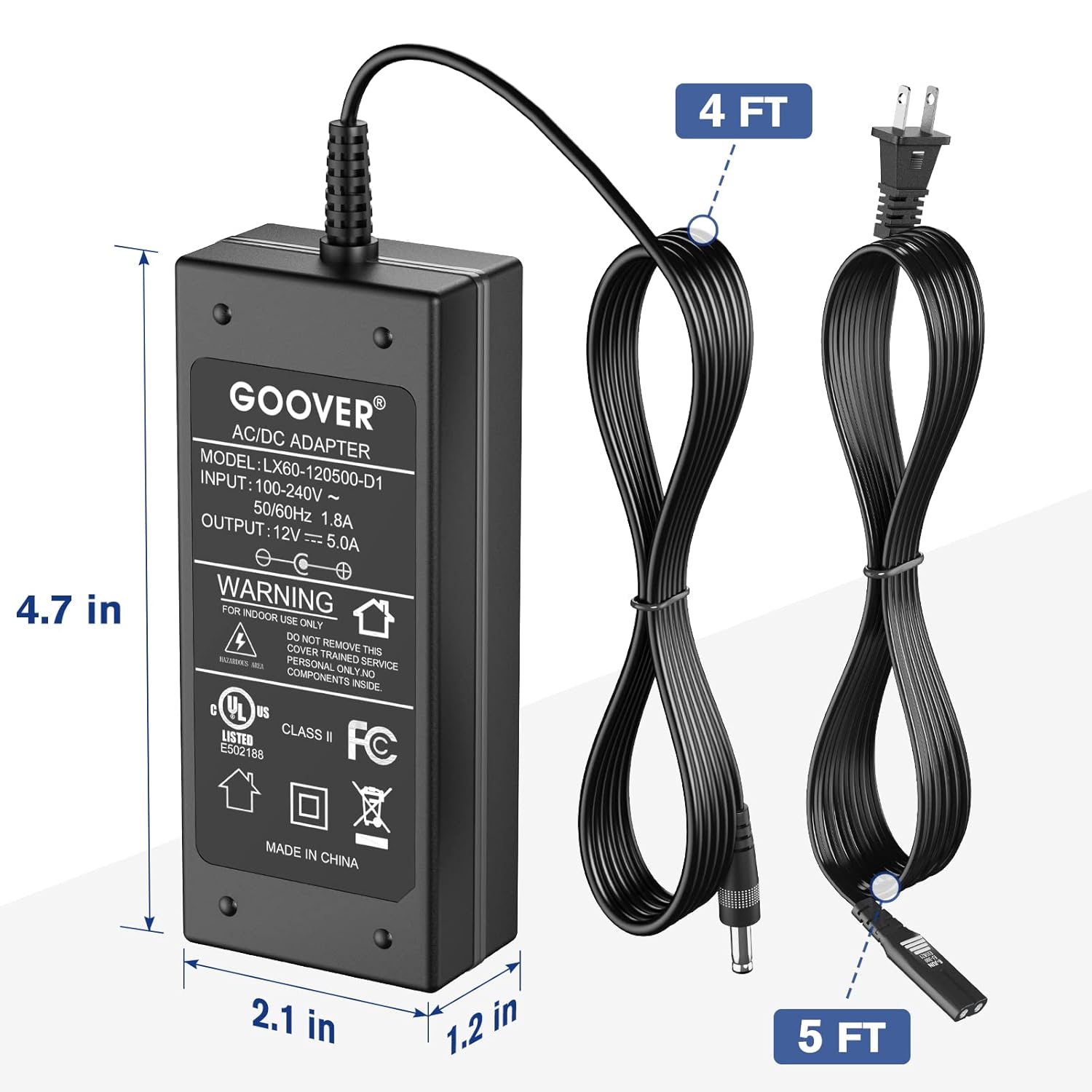 GOOVER 60W Power Supply Adapter, 12V DC Low Voltage Transformers,5A LED Light Driver, Input AC 100-240V,UL-Listed,Class 2