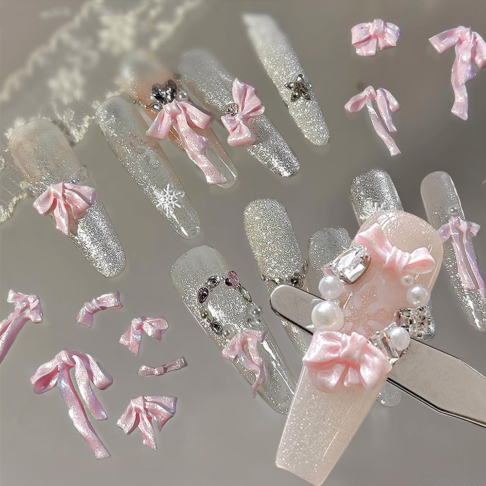 100Pcs Soft Carving Resin Bow Nail Charms for Nails Design Pink White Bow Nail Art Charms Satin Pearlescent Ribbon Bows for Nails Supplies 3D Bowtie Bowknot Charm Women Manicure Fingernail Decorations