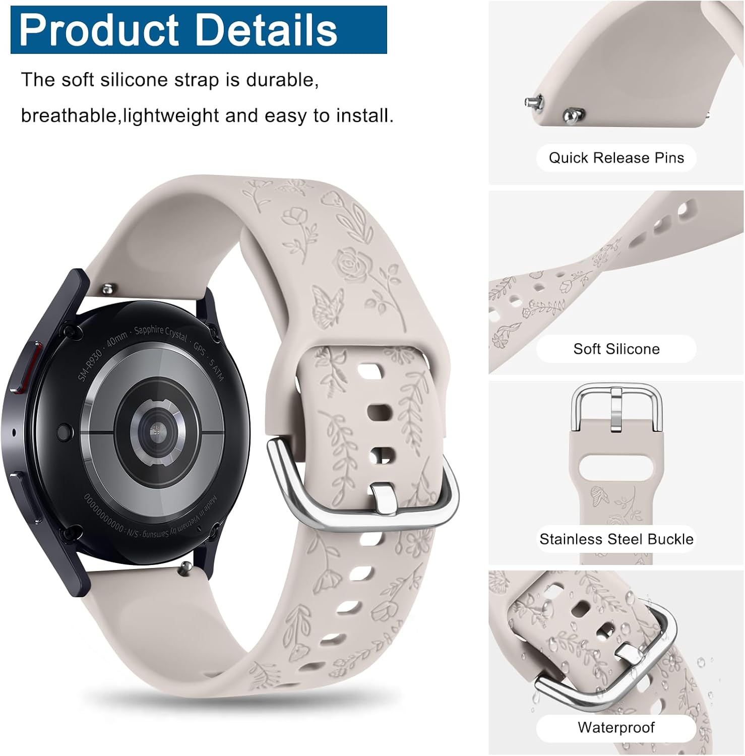 AK Flower Engraved Band for Garmin Vivoactive 5 / Vivoactive 3 Watch Band, Garmin Venu 2 Plus / Venu Sq / Venu Watch Band Women Men, Soft Replacement Strap for Garmin Vivomove Sport, Vivoactive 3 Music, Forerunner 645 / 245 Music Smart Watch