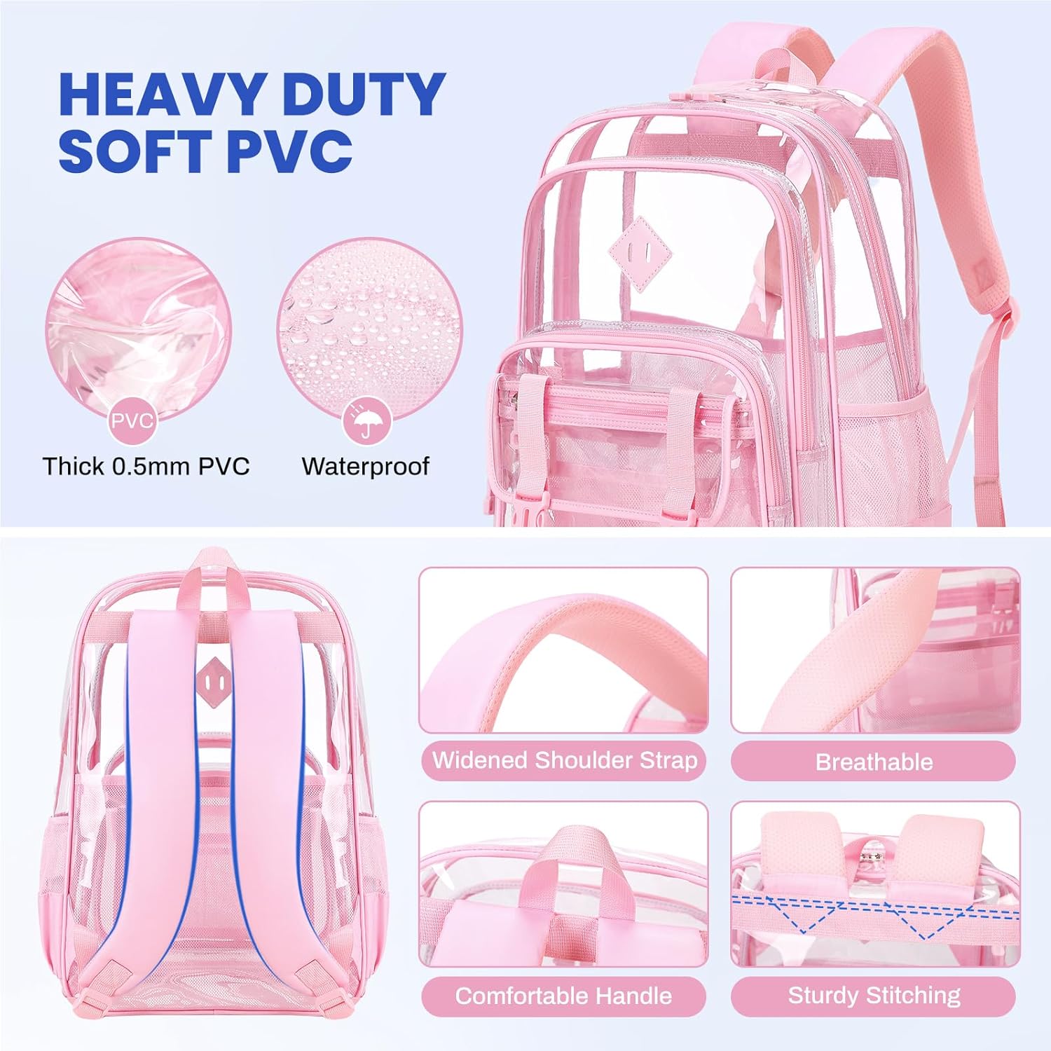 Large Clear Backpacks for School Heavy Duty Transparent Backpack for Stadium Event See through Bookbag for Girls Women Thick PVC Back Pack, Pink - Image 5