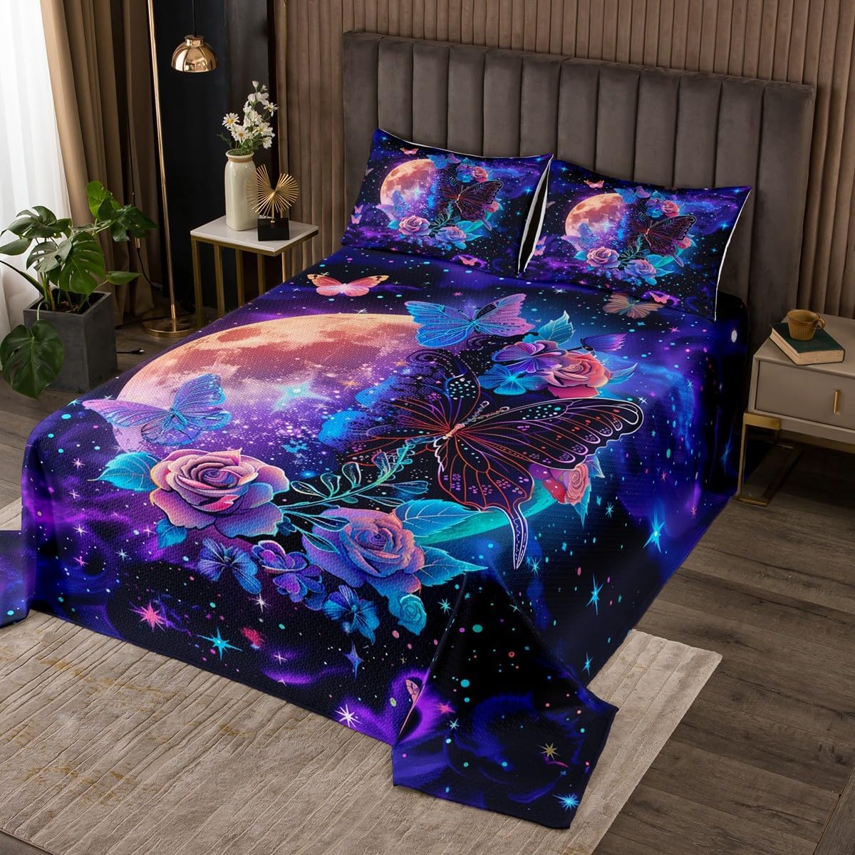 Homewish Floral Butterfly Bedspread Queen Size,Glitter Star Polka Dot Bedding Set for Kids Boys Girls Room Decor,Outer Space Moth Flower Quilt 3Pcs,Trippy Animal Plant Coverlet Set,2 Pillowcases
