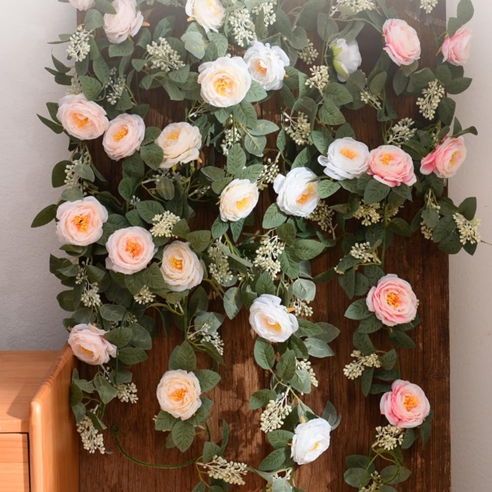 Highdi Enredaderas Artificiales Guirnaldas, Romántico Flor de Rosa Artificial Colgantes Hojas Plantas Falsas Decoración para Fondo de Boda Fiesta Jardín Hogar Cocina (Blanco,6 Piezas)