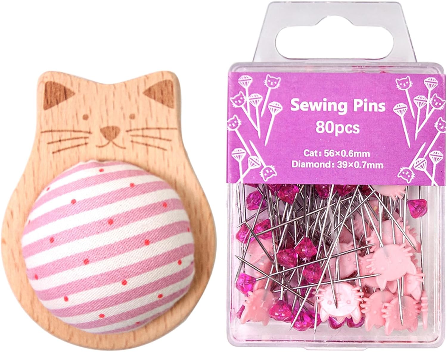 Cat Shaped Sewing Pin Cushion Kit with 80 Head Pins -Needle Holders for Dressmaking, Tailoring, Quilting, Embroidery, and DIY Crafts (Pink)