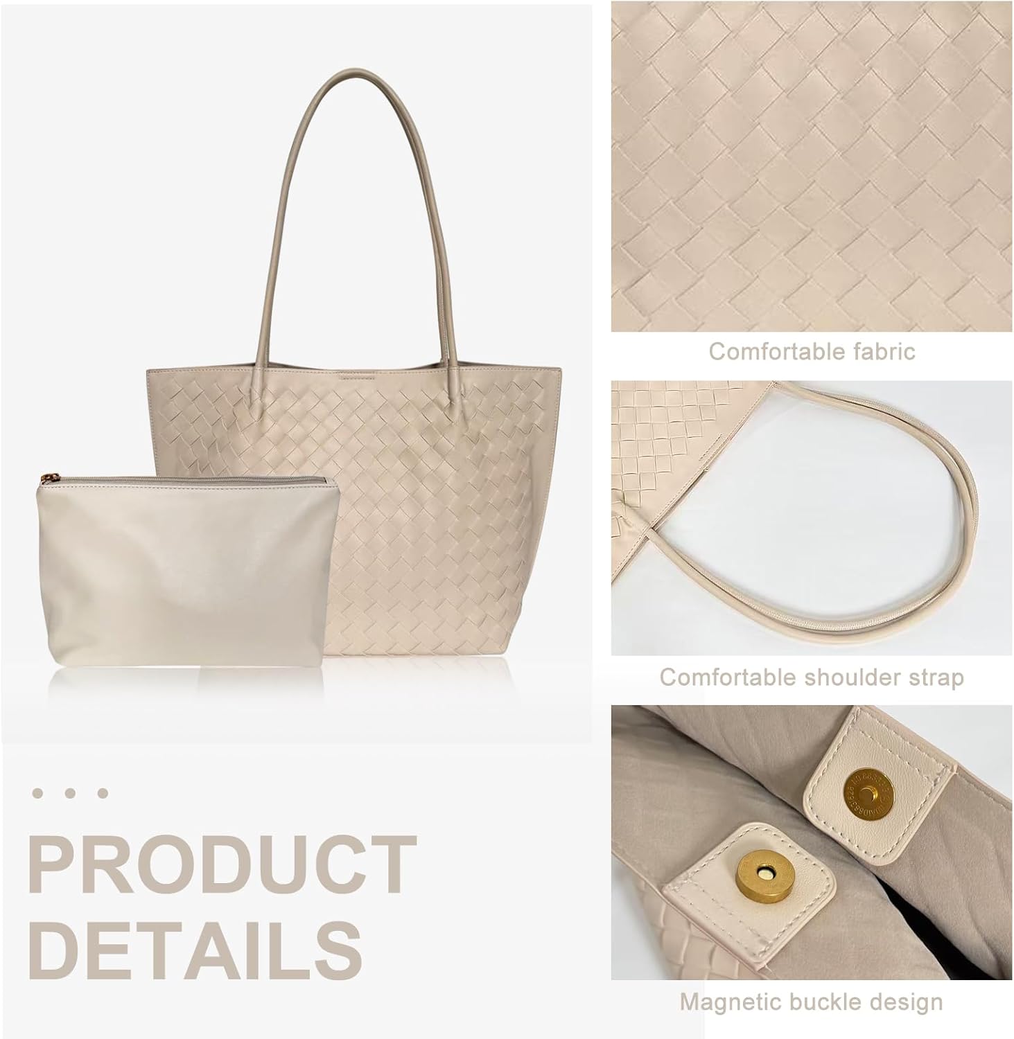 Woven Leather Tote Bag for Women - Large Capacity Shoulder Handbag with Matching Pouch, Stylish - Image 5