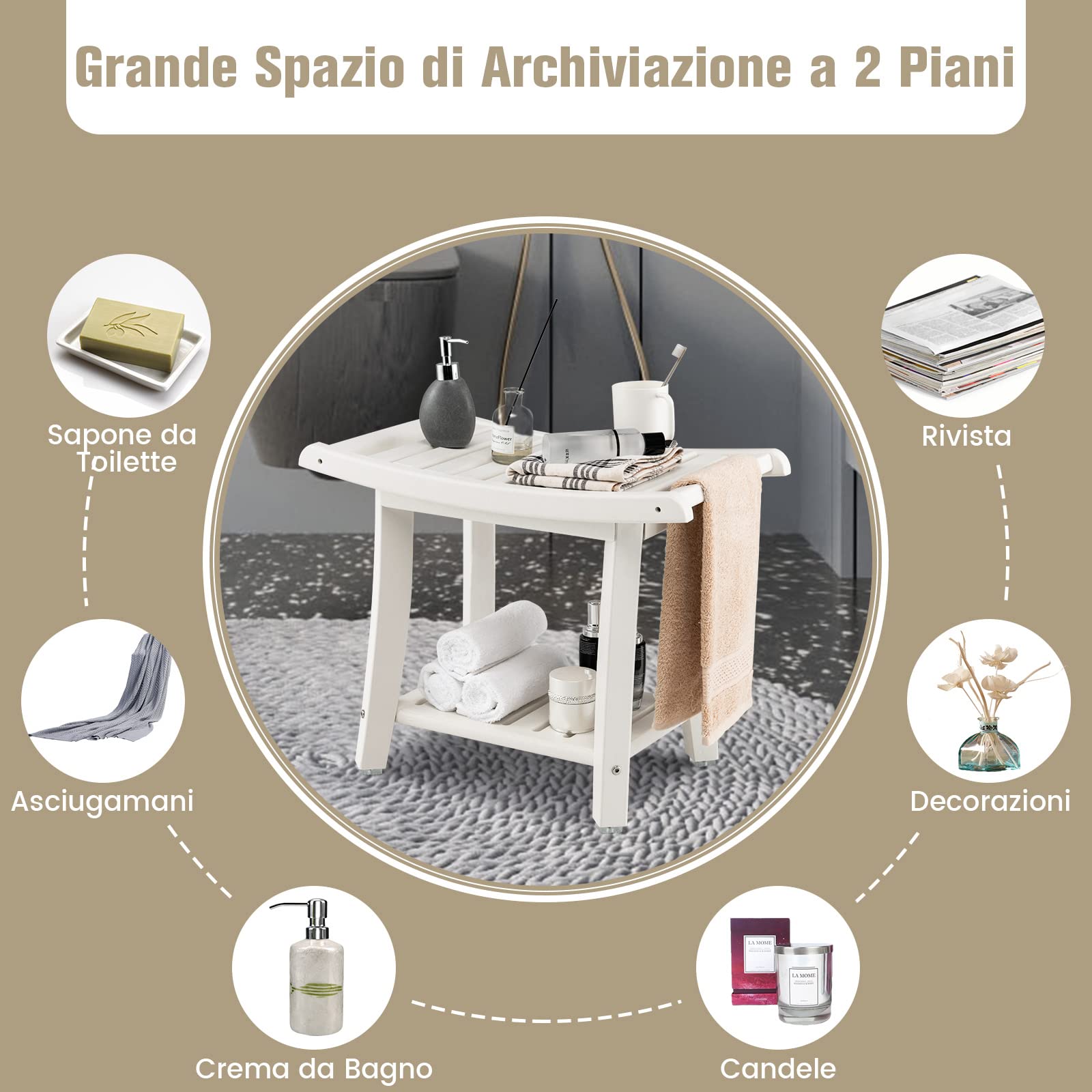 COSTWAY Sgabello da Doccia, Sgabello da Bagno Impermeabile con Sedile Curvo, con Portasciugamani e Piedini Antiscivoli, Panca Versatile con Ripiano, 60,5 x 34 x 48 cm (Bianco)