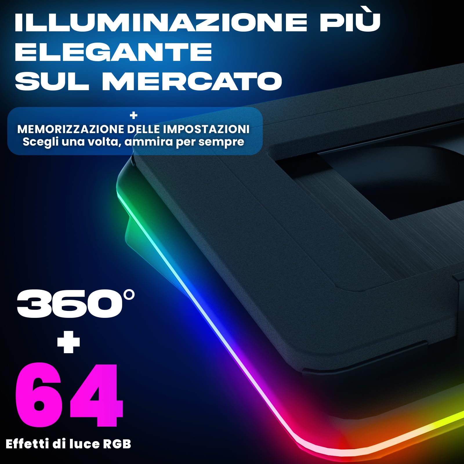 KLIM Turbofrost Base Raffreddamento PC Portatile 4 Turbo Ventole 4000 RPM Ventola USB-C DC RGB 4 Porte USB Schiuma Sigillata Raffreddamento Rapido Fino a 17 Nero