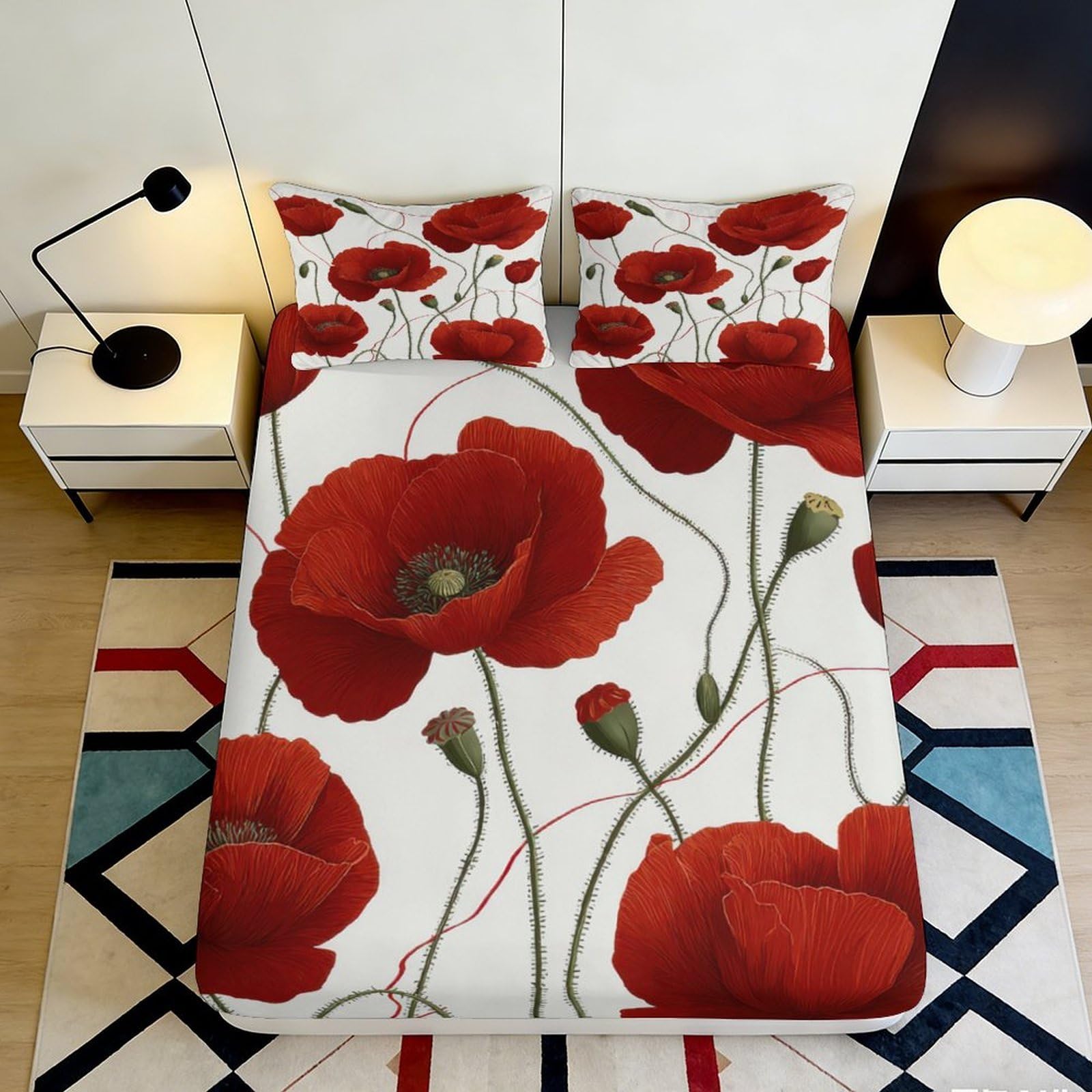 3D Printed Red Poppy Fitted Sheet Microfiber Soft Breathable Floral Bed Cover for Bedroom Dormitory Guest Room Mattress Protection Decoration 180x200x25cm