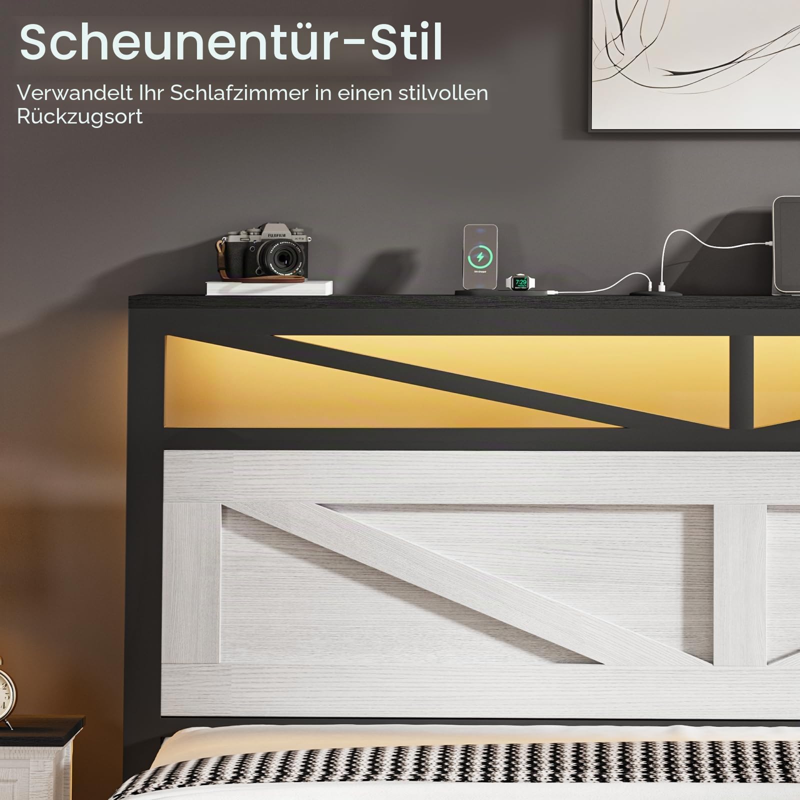 PROZENBDING Doppelbettgestell 140x200 mit LED und USB Zubehör, Bettgestell mit Metallrahmen & Holzkopfteil und Stauraum, Bettrahmen mit Lattenrost ohne Matratze, Weiß