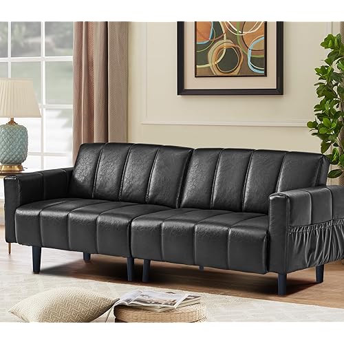 Comfy Faux Leather Couch for Chill Office Lounge, Adjustable Backrest, Convenient Side Pockets, Home-Ready Space-Saving Mid Century Modern Futon Sofa Bed (Black)