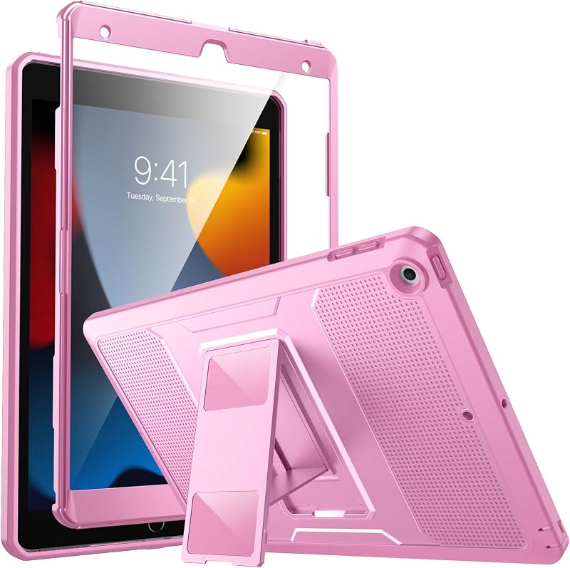 MoKo Virágmintás Rózsaszín iPad Tok - Beépített Képernyővédővel és Állvánnyal, iPad 9/8/7 Generációhoz (10.2"), Ütésálló Védelem