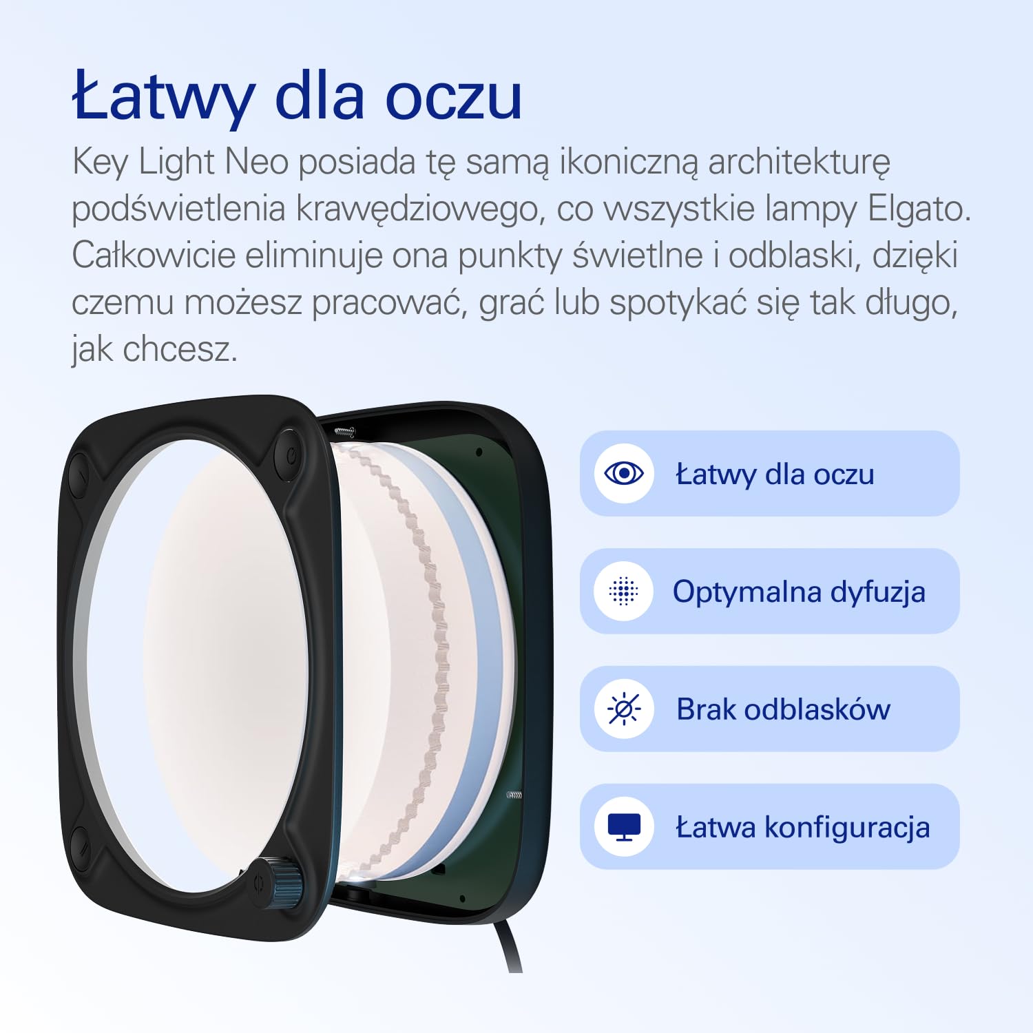 Elgato Key Light Neo (Czarny) – profesjonalne oświetlenie, bez odblasków, regulowane mocowanie, sterowanie ręczne lub Wi-Fi, biuro/transmisja, Teams/Zoom/Slack/Twitch/YouTube – Laptop, PC, Mac | Oświetlenie do wideorozmów i streamingu, Wi-Fi lub onboard,