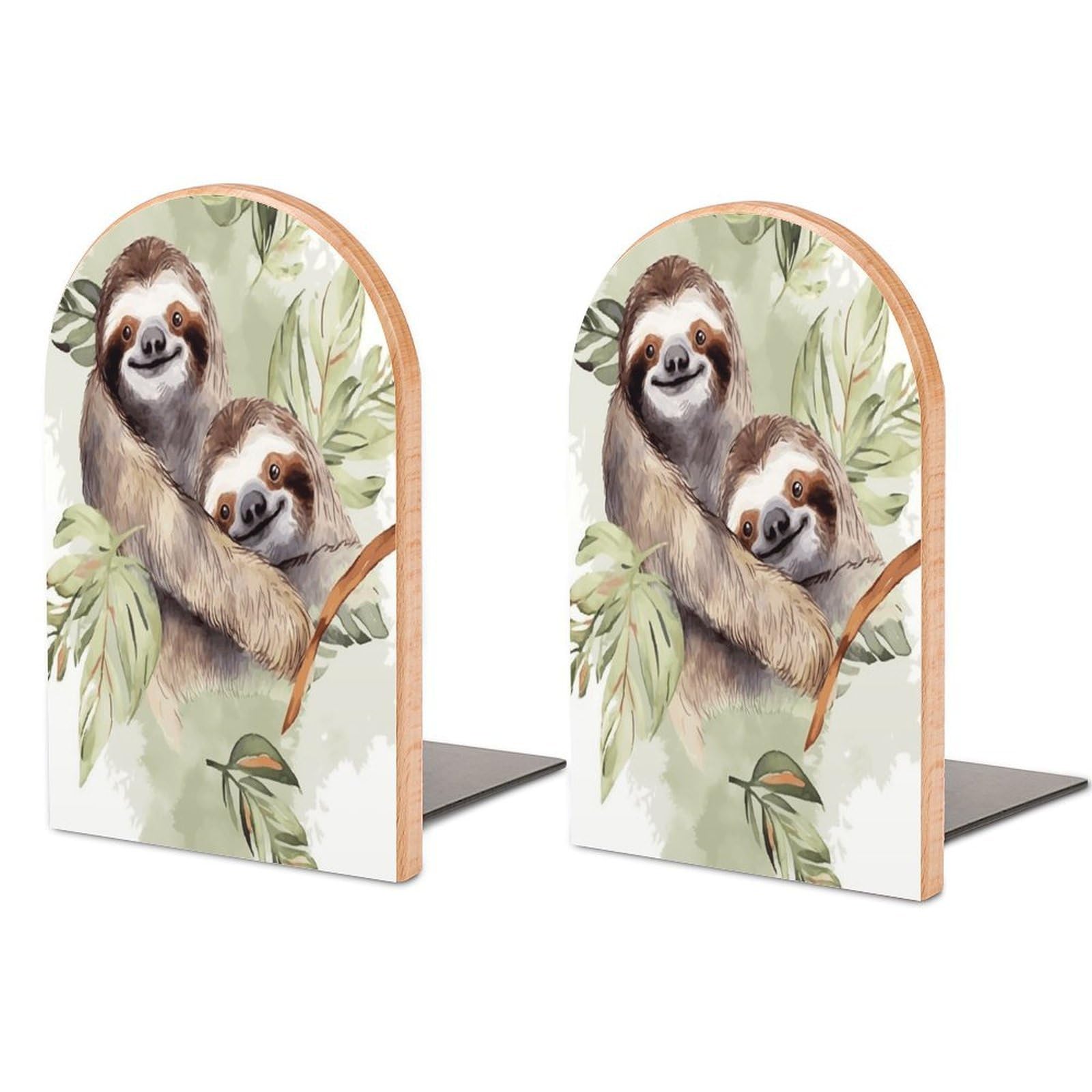Watercolor Sloth Bookends Modern Bookends for Shelves Fashion Heavy Duty Book Stopper Sturdy Non-Skid Metal Base Wood Book Ends for Library Home Office 1 Pair