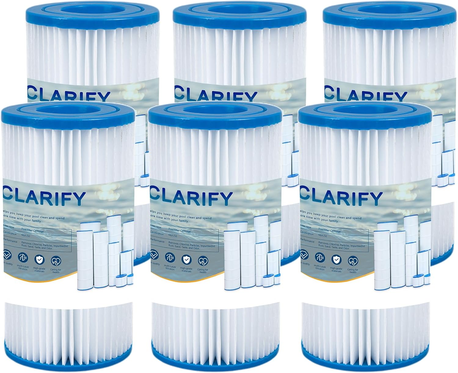 CLARIFY Pool Filter Cartridge Type A/C Compatible with 29000E/59900E, Easy Set Summer Escapes or Summer Waves Above Ground Pool Filters (6 Pack)