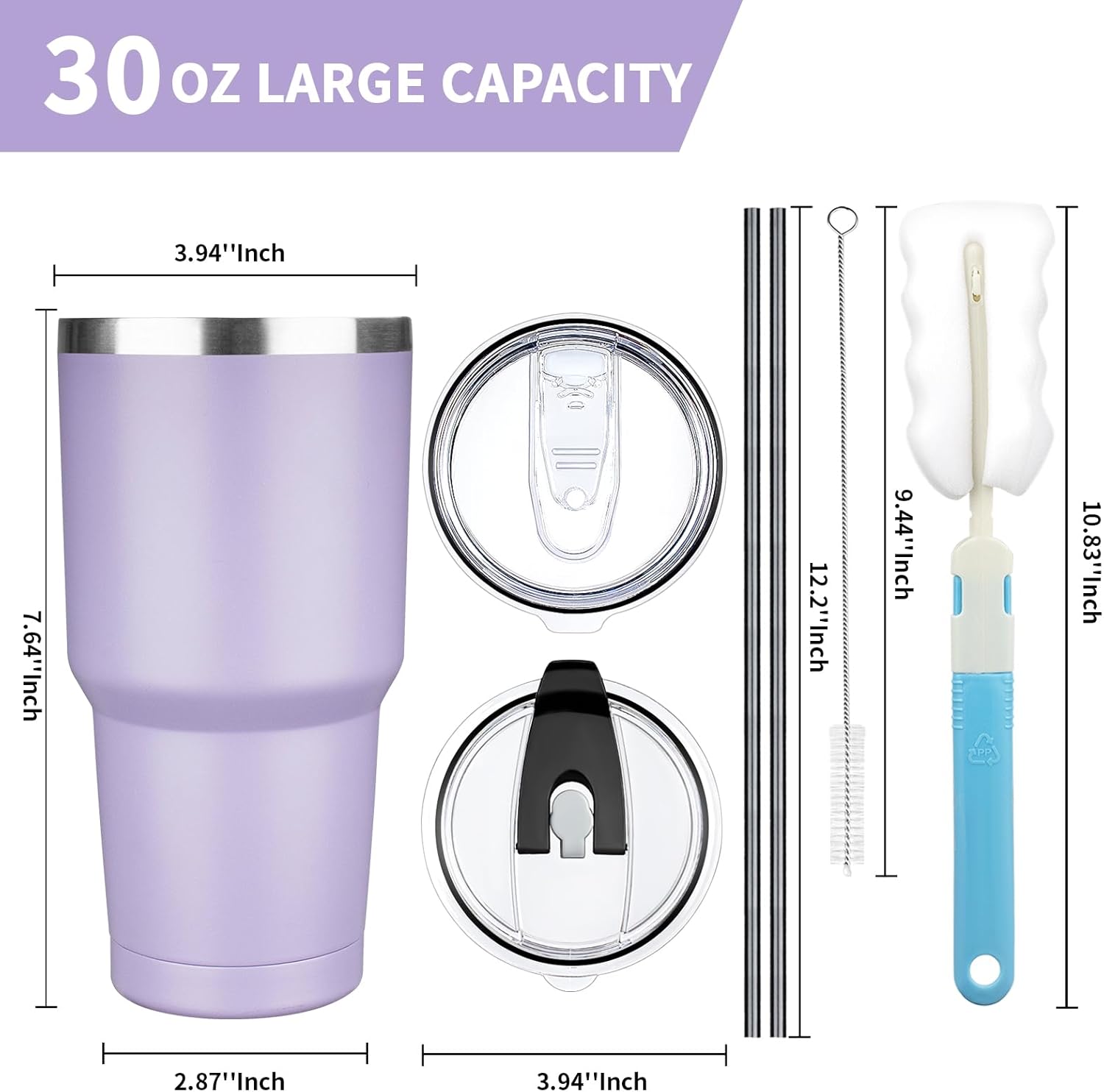 30 oz Tumbler with Lids and Straws, Stainless Steel Insulated Coffee Tumbler, Double Wall Vacuum Insulated Travel Mug Cup, Leakproof Thermal Coffee Cup for Hot and Cold Drinks (Light Purple) - Image 2