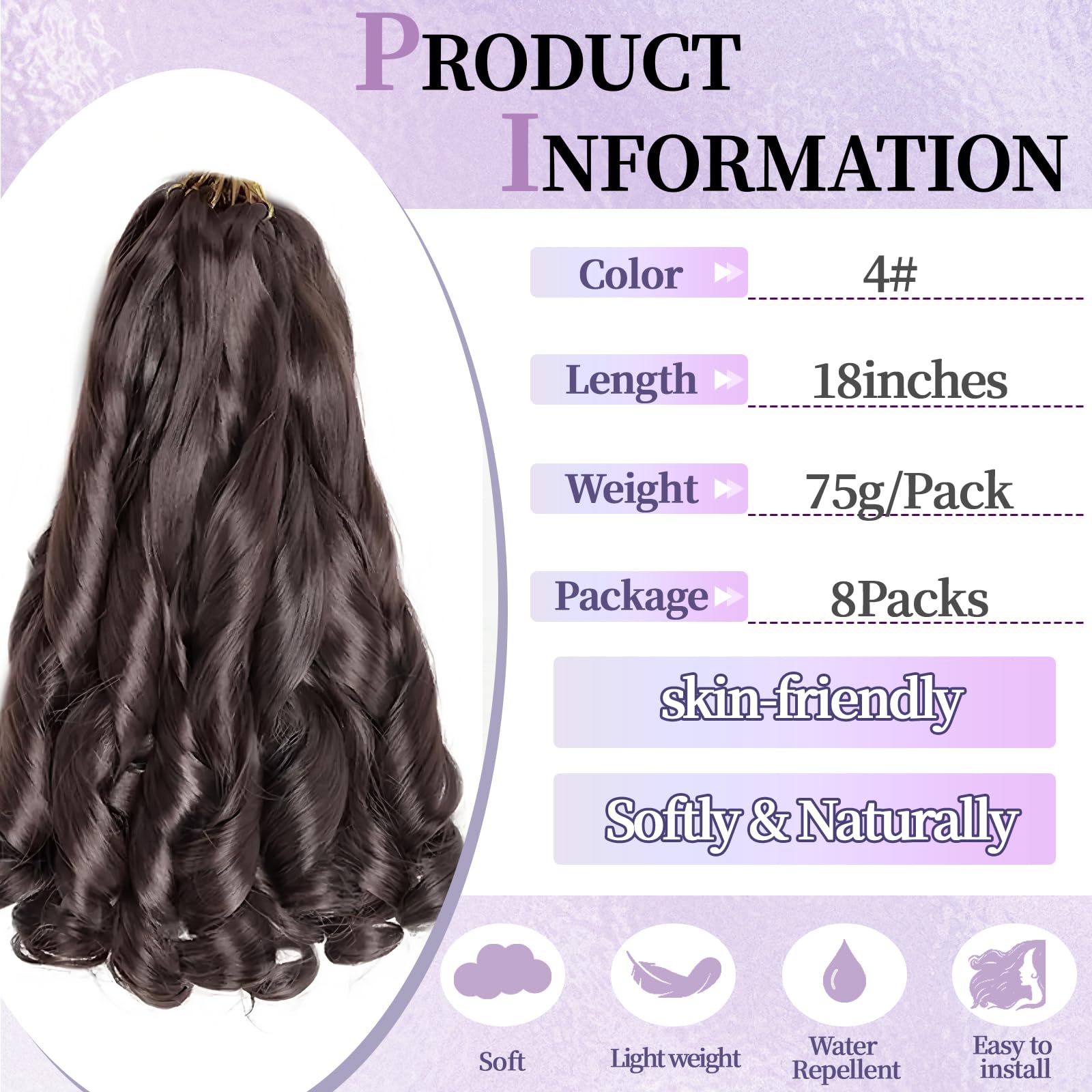 18 Inch French Curls Braiding Hair 8 Packs Spanish Curly Braids Pre Stretched Loose Wave Soft French Curl Synthetic Braiding Hair Extensions for Women (4#, 18 Inch (Pack of 8))