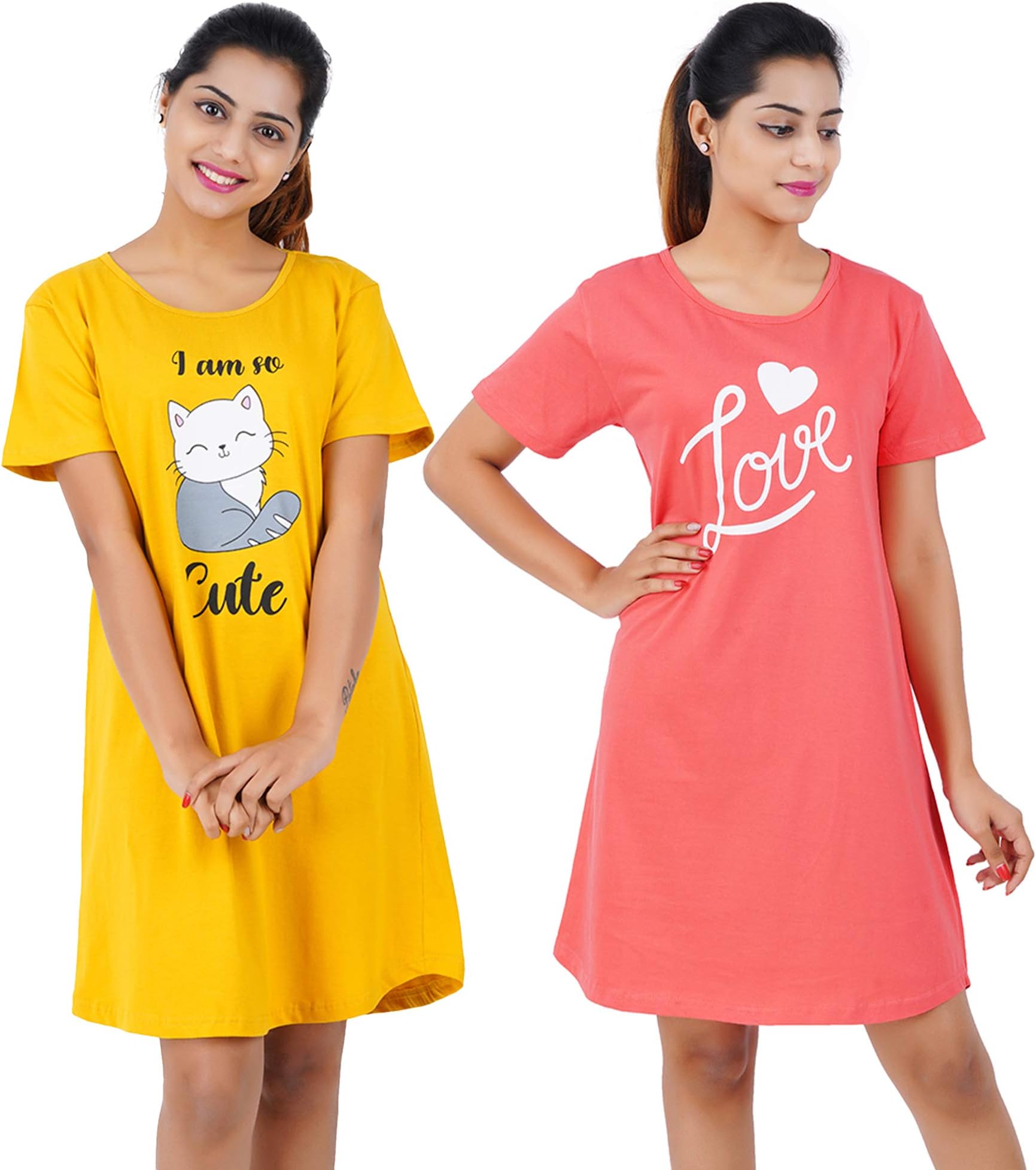 Buy That Trendz Printed Cotton Short Night Dress for Women 2 Pcs Combo Be Kind Navy Do not Disturb Red