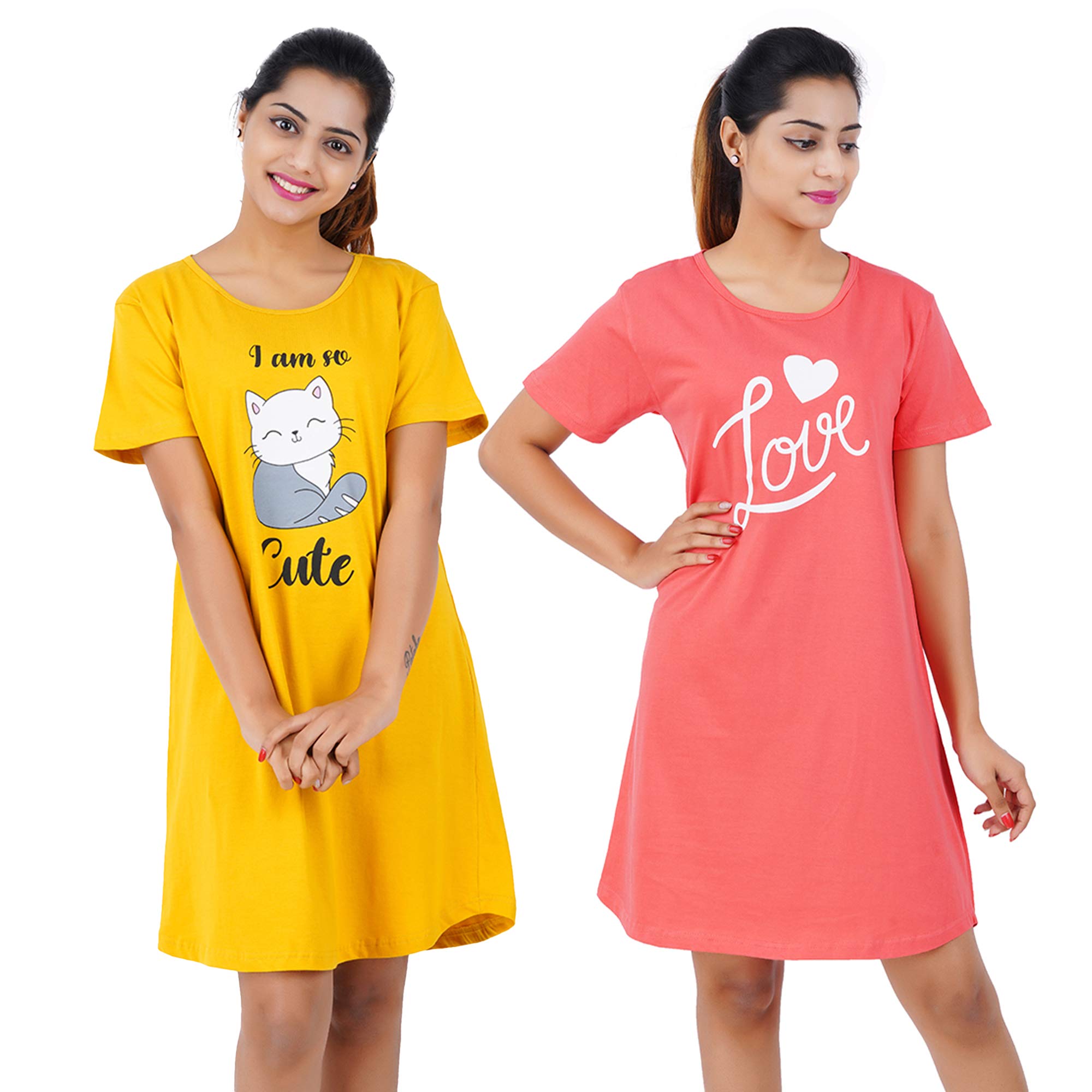 Buy That Trendz Printed Cotton Short Night Dress for Women 2 Pcs Combo Be Kind Navy Do not Disturb Red