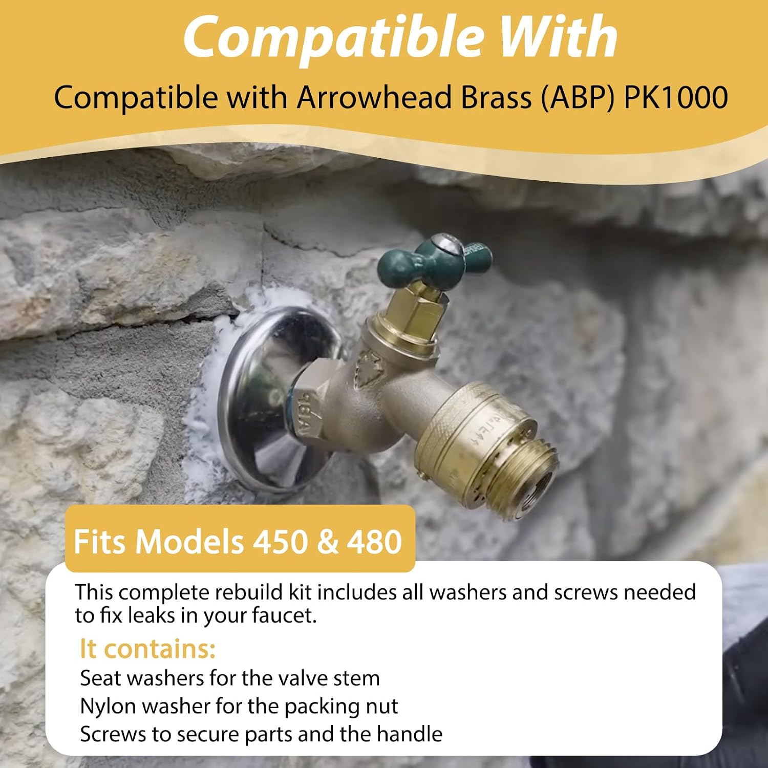 PK1000 Stem Seal Replacement Kit – Compatible with Arrowhead Brass Models 450&480 | Includes Seat Washer, Seat Screw, Nylon Washers, Handle Screw–for Outdoor Hose Bibb&Sink Faucet Repair kit