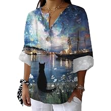Summer V Neck T-Shirt for Women Cute Cat Print Shirt 3/4 Sleeve Loose Dressy Casual Button Decor Lightweight Tee Tops