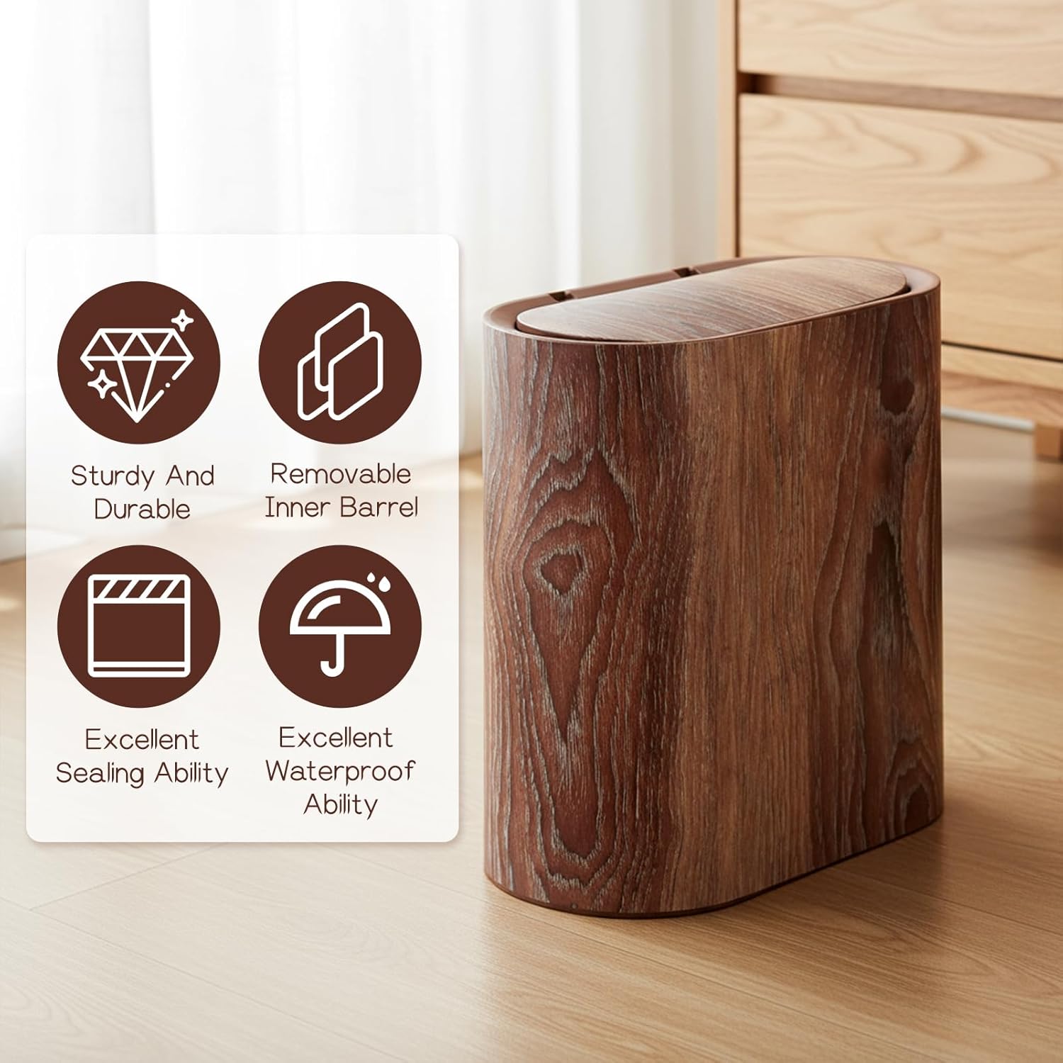 WLLHYF Bathroom Trash Can with Pop-Up Lid Lids Small Garbage Bin Plastic Marble Wood Pattern Trashcans Removable Liner Bucket Wastebasket Modern Narrow Waste Basket for Home Kitchen Bedroom Office