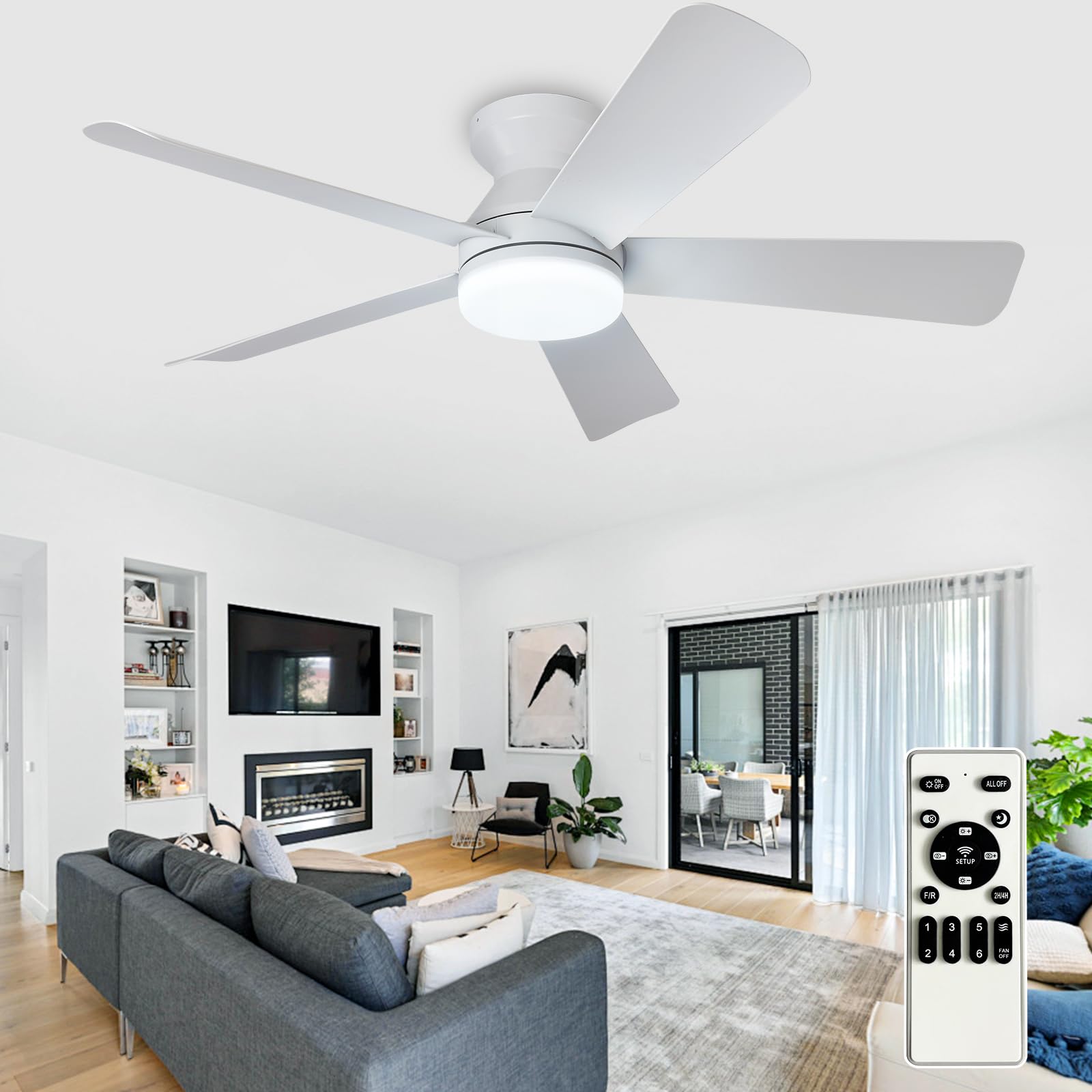 Depuley Ventilador de techo moderno con luz: Ventiladores pequeños blancos de 42 pulgadas para dormitorio - Ventiladores de techo empotrable regulables con mando a distancia 5 aspas blancas invertidas