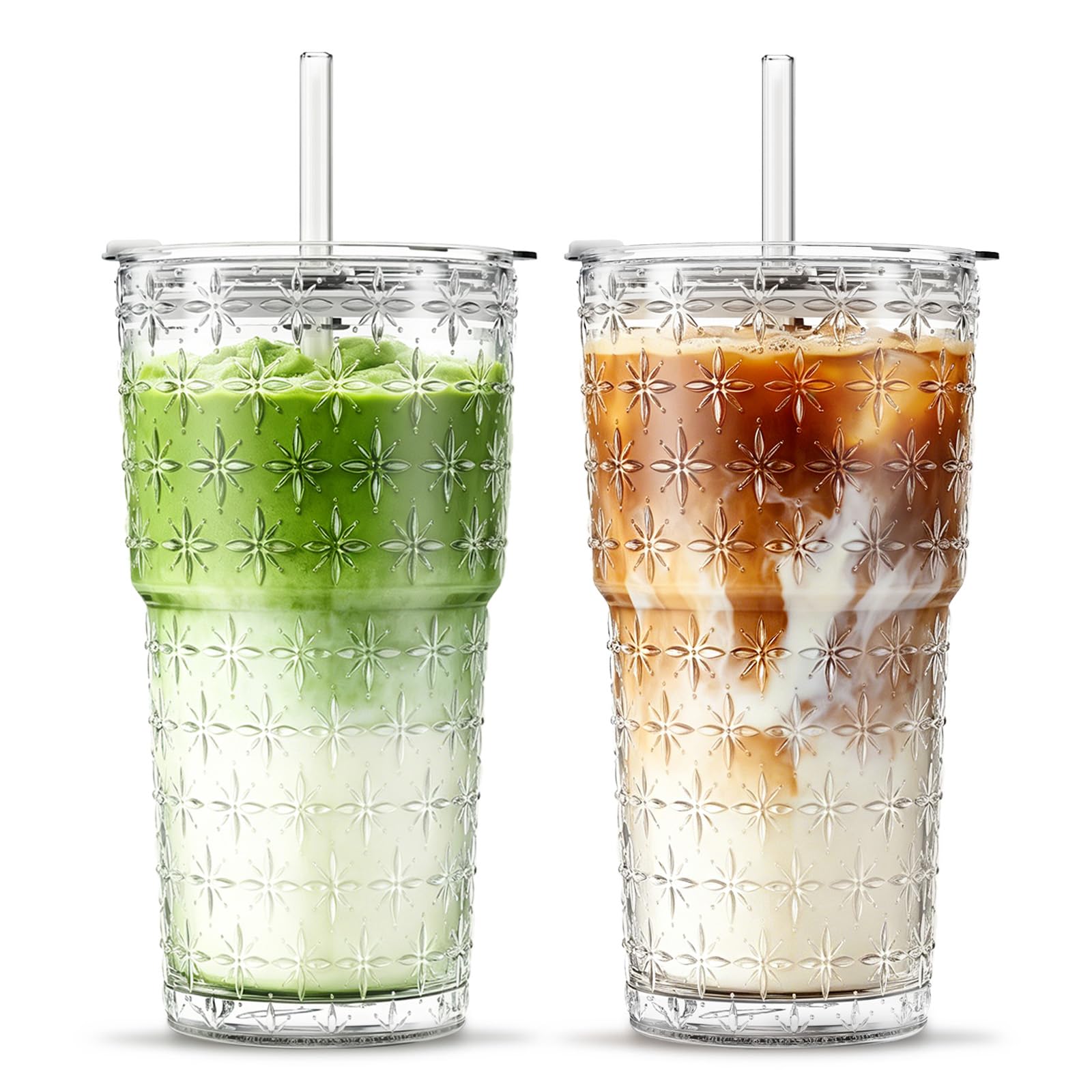 INSETLAN 2-Pack Sparkle Glass Tumbler with Lids and Straws, 600ml Aesthetic Glass Cups for Iced Coffee, Matcha, Smoothie, Twinkle Star Texture Drinking Glasses with Straw and Lid Set
