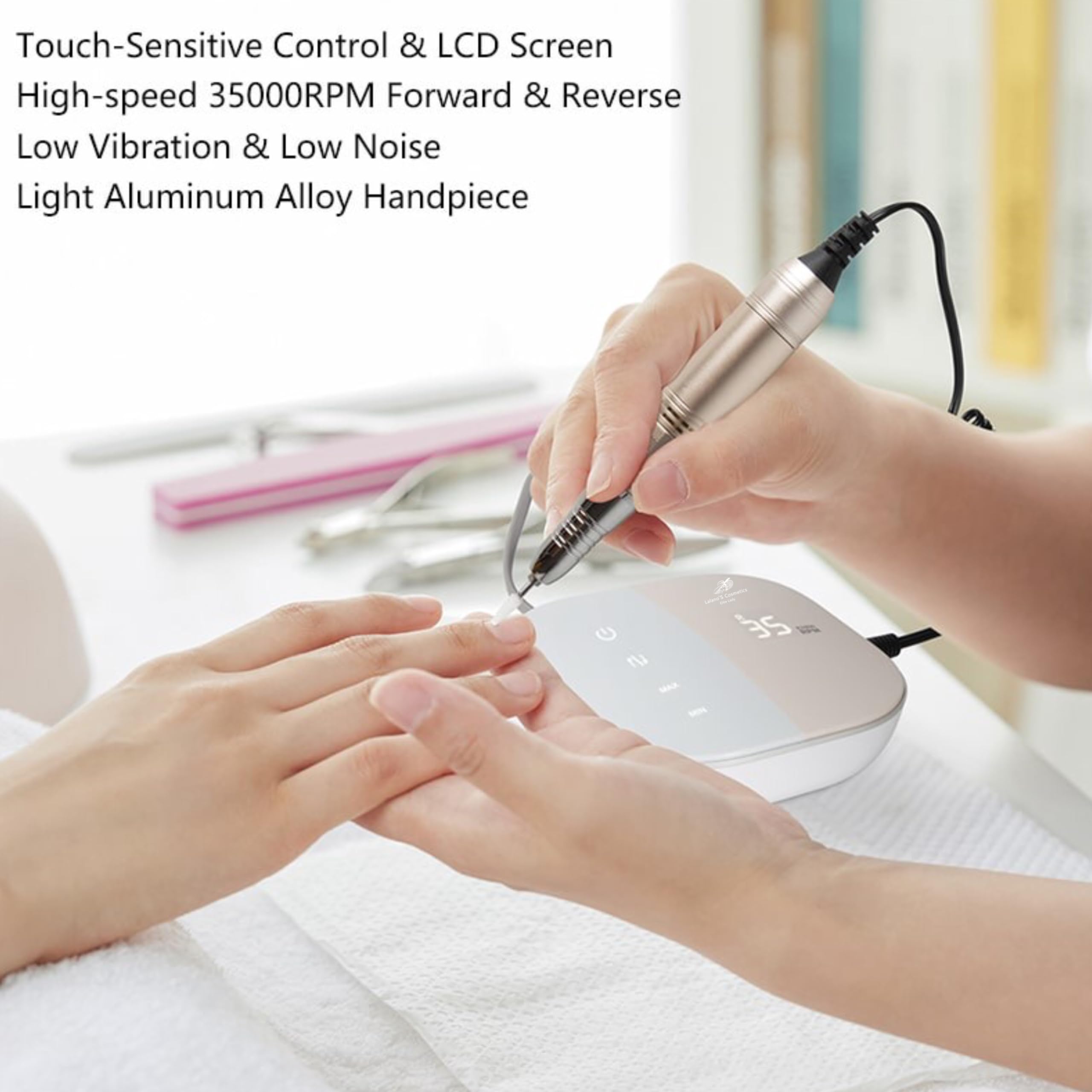 Lalano'S TouchPro frezarka do paznokci 35000 obr./min, profesjonalny zestaw do manicure z ekranem dotykowym LCD, aluminiowa rękojeść i 5 nakładek frezujących – cicha i bez wibracji, elektryczna