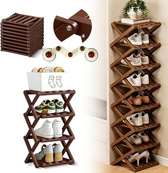 Bamboo Folding Shoe Rack, 2026 New Vertical 9 Tier No-Assembly Wooden Corner Shoe Organizer, According Free Tall Narrow Storage Shelf for Closet, Entryways Light Brown-4 Tire, Grid