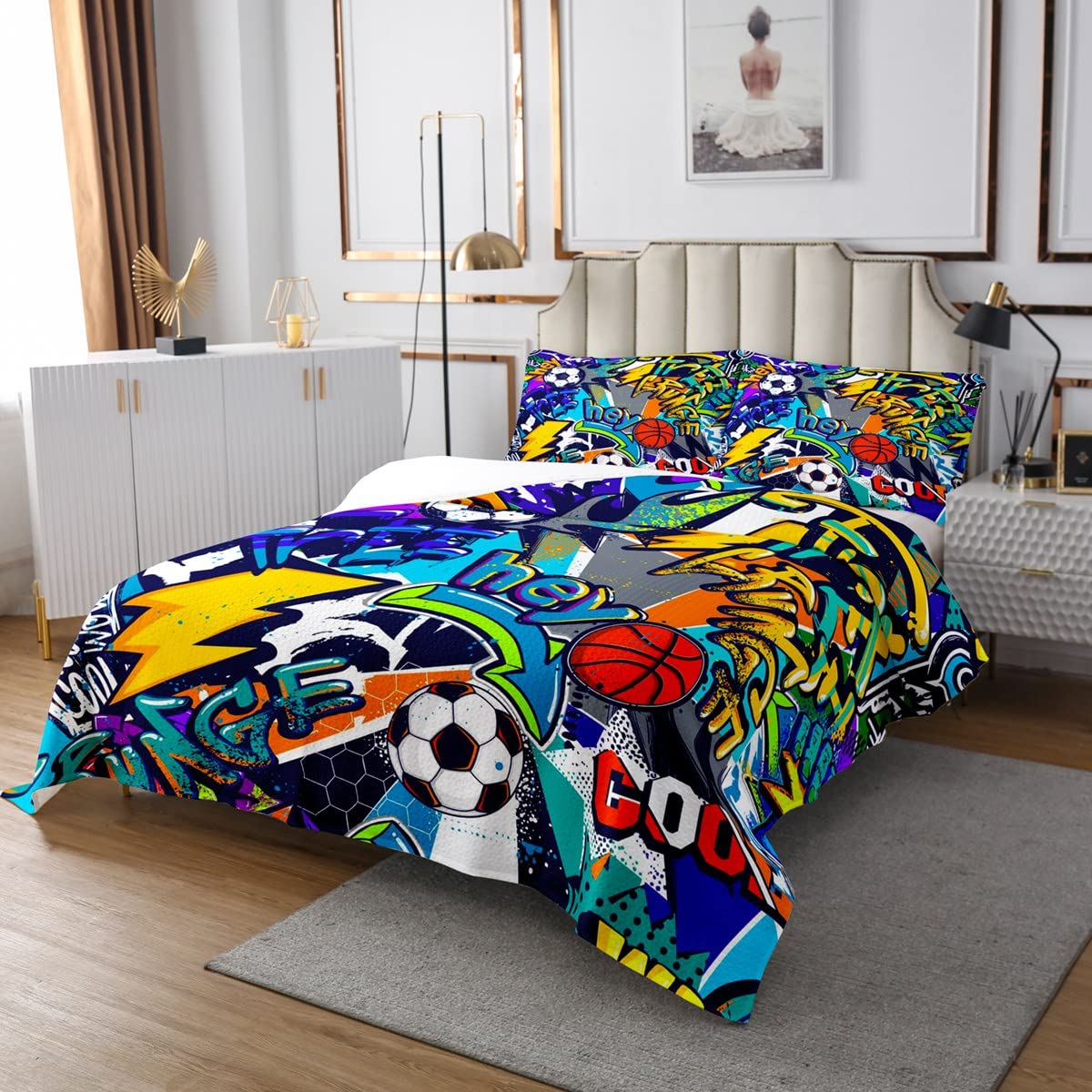 Hip Hop Décor - Copriletto trapuntato trapuntato per bambini, ragazzi, ragazze, in microfibra, trapuntato, per bambini, ragazzi, ragazzi, ragazze, graffiti trapuntati240x220cm