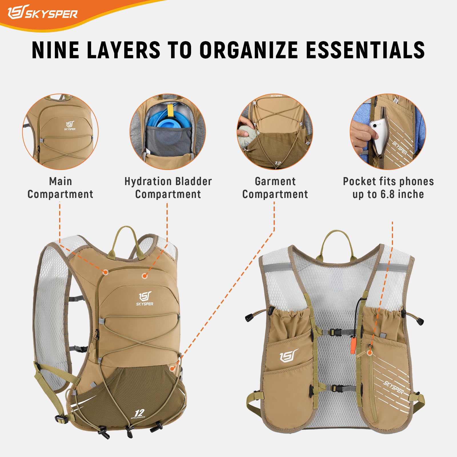 SKYSPER Kamizelka do biegania, 12 l, plecak do picia z 2 miękkimi butelkami, 500 ml, plecak do biegania, trailrunningu, kamizelka do biegania, wędrówek, maratonu, dla kobiet i mężczyzn